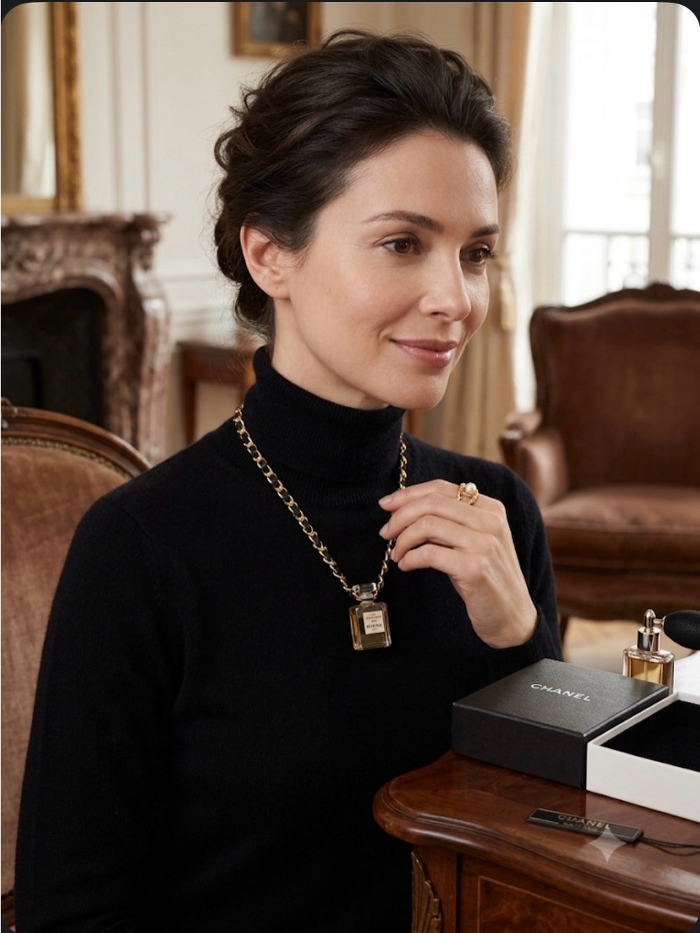CHANEL Gold & Black Chain Necklace with N°5 Bottle Pendant